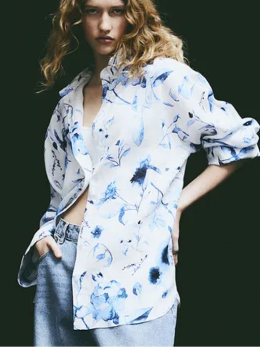 H&M White and Blue Floral Button-Down Linen Shirt